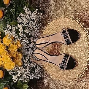 Franco Sarto Made in Brazil Eagle Wedge Ankle Strap Black Tan Silver Sandals Sz9